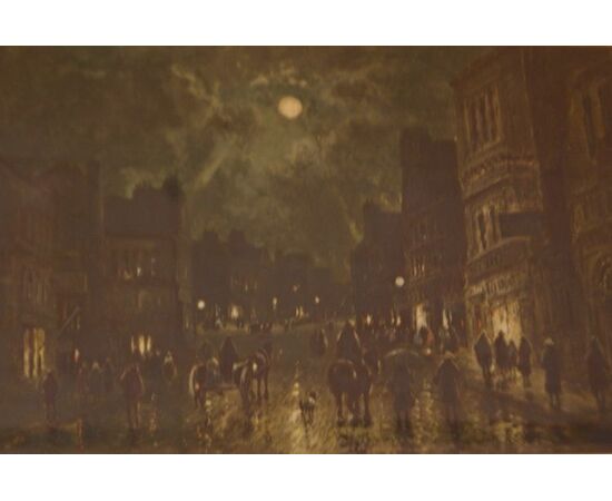 Acquerello inglese del 1800 "Veduta notturna di cittadina" firmato 