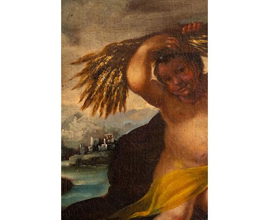 Dipinto antico Napoletano olio su tela raffigurante l'allegoria dell'estate. Periodo XVIII secolo.