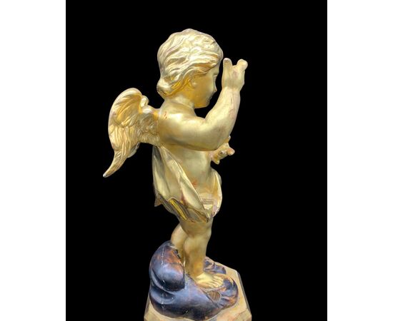 SCULPTURE OF ANGEL, PUTTO IN GOLDEN WOOD WITH GOLD LEAF - LUIGI FILIPPO     