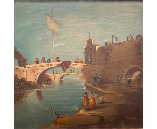 PAINTING ON A BOARD &quot;CAPRICCIO WITH BRIDGE AND FIGURES&quot;     