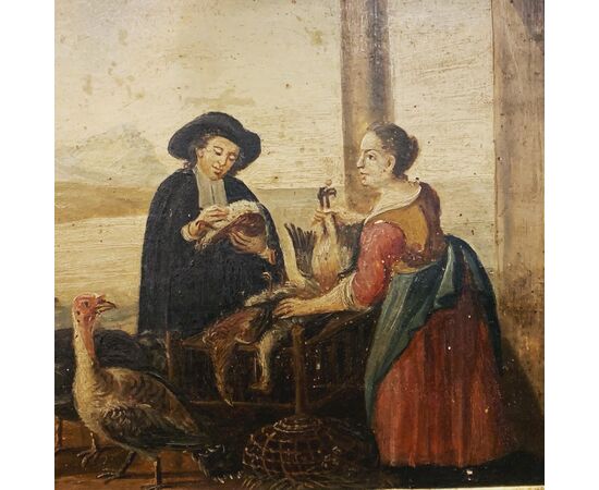 PAIR OF PAINTINGS, OIL ON TABLE, MARKET SCENES - XVII CENTURY.     