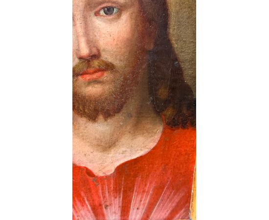 Quadro, olio su tela, raffigurante "Il volto di Cristo" con cornice del XVII sec. 