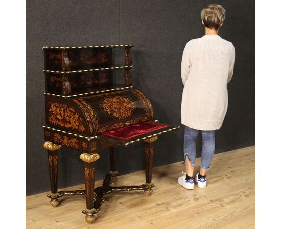Roll-top desk in inlaid wood in Napoleon III style