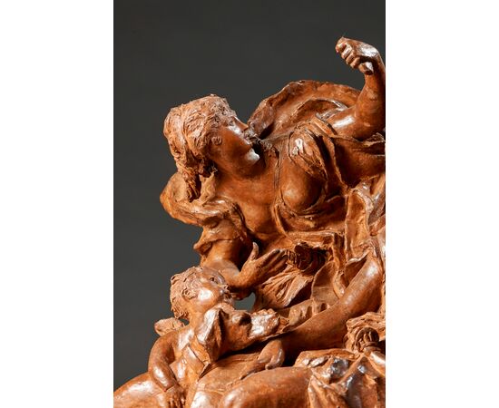 Scena allegorica, scultura in terracotta - Diana cacciatrice e un’ Ancella tentate dai Satiri nelle vesti di innocenti Putti
