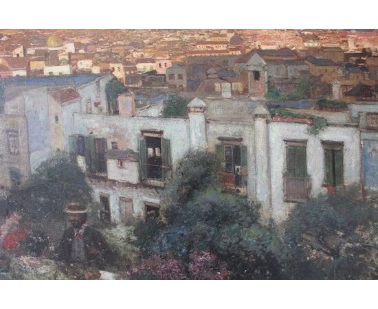 " Heinrich Hermanns " Dipinto raffigurante Veduta di Napoli, olio su tela