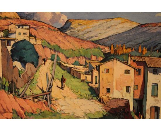 Olio su tela spagnolo di metà XX secolo raffigurante veduta cittadina Catalana Firmato Tomas Perez Martinez 1911 – 1992