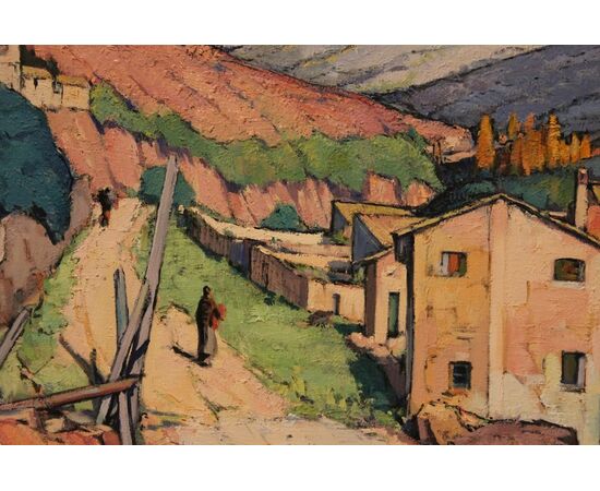 Olio su tela spagnolo di metà XX secolo raffigurante veduta cittadina Catalana Firmato Tomas Perez Martinez 1911 – 1992