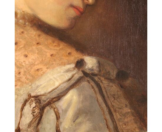 Dipinto olio su tela ritratto di giovane nobildonna del XIX secolo