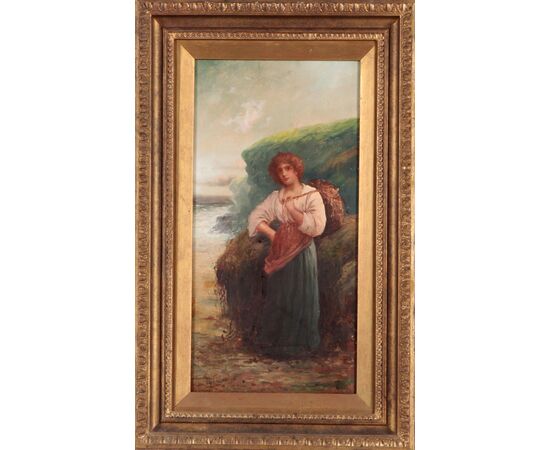 Dipinto Olio su tela inglese personaggio femminile "Contadina" del 1800