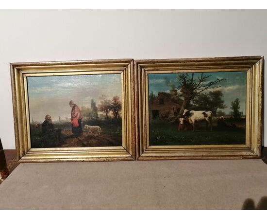 Coppia di dipinti emiliani dell'800 - Paesaggi con figure ed animali