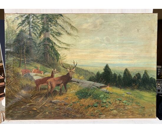 Pittore europeo (XIX sec.) - Paesaggio con cervi.