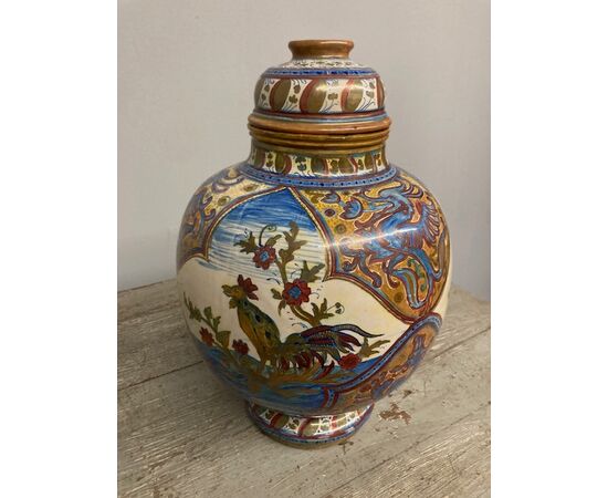 Antico grande vaso Potiche Santarelli Gualto Tadino Liberty con Gallo Altezza cm 48 