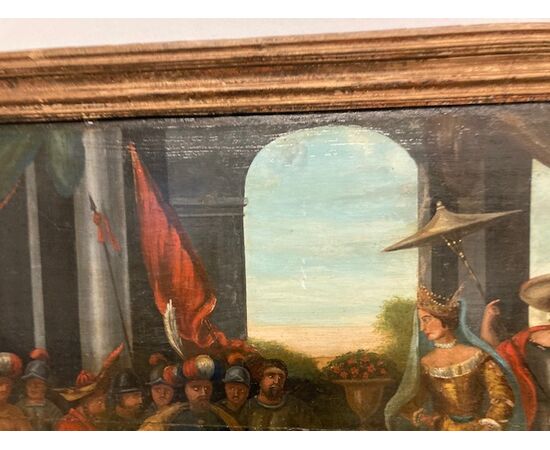 Antico dipinto fiammingo epoca XVIIsec olio su tavola. Cornice antica cm 120 x 82 