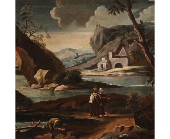 Antico dipinto italiano paesaggio con figure del XVIII secolo