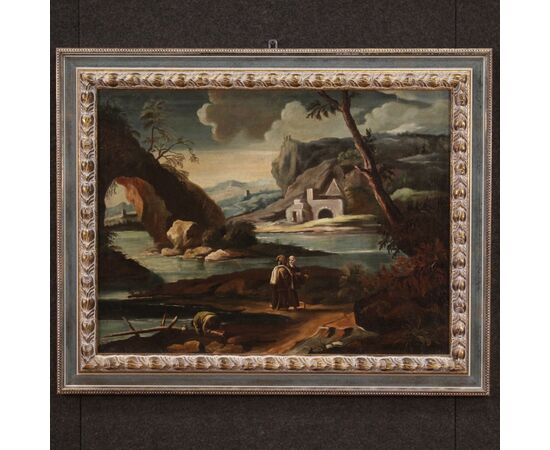 Antico dipinto italiano paesaggio con figure del XVIII secolo