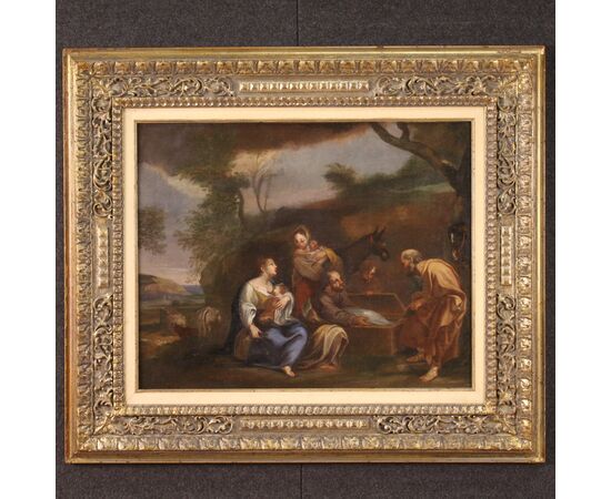 Dipinto paesaggio con scena familiare del XVIII secolo