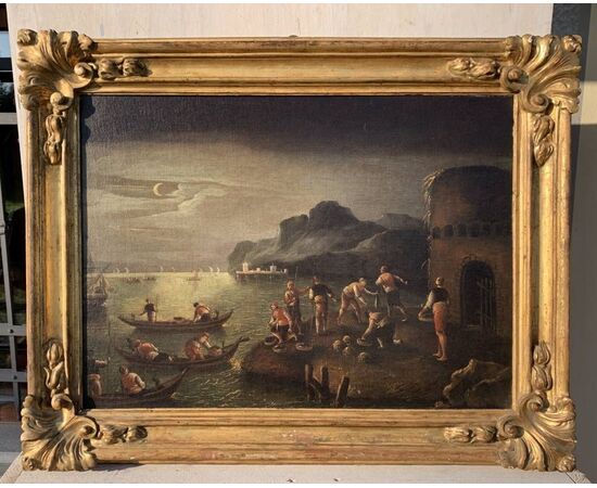 Maestro italiano (fine XVII sec.) - Paesaggio al chiaro di luna.