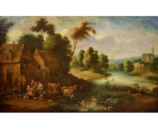 Paesaggio fluviale con scena di vita popolare, Adrien Frans Boudewijns (Bruxelles 1644-1711) e Pieter Bout (Bruxelles 1658-1719)