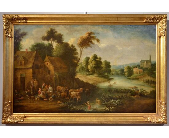 Paesaggio fluviale con scena di vita popolare, Adrien Frans Boudewijns (Bruxelles 1644-1711) e Pieter Bout (Bruxelles 1658-1719)