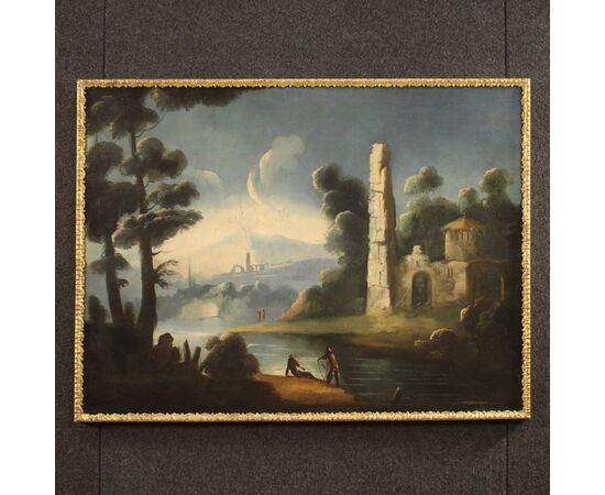 Dipinto italiano paesaggio fluviale con rovine e pescatori del XVIII secolo