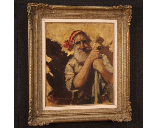 Signed painting portrait of a mountaineer from the 20th century