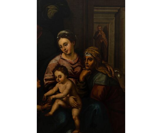 Olio su tavola.  Sacra famiglia con Sant’Anna e San Giovannino . XVI secolo 