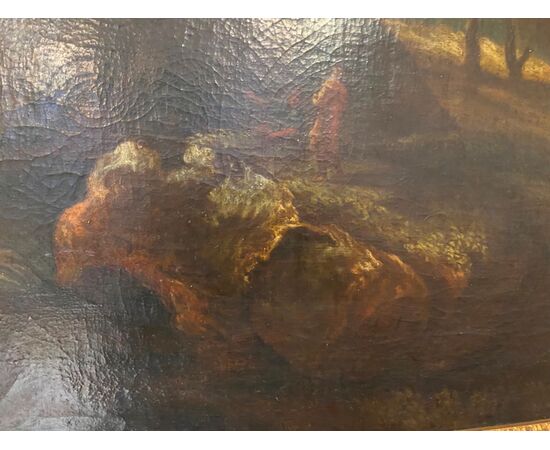 Olio su tela.  Paesaggio con figure .XVII secolo 