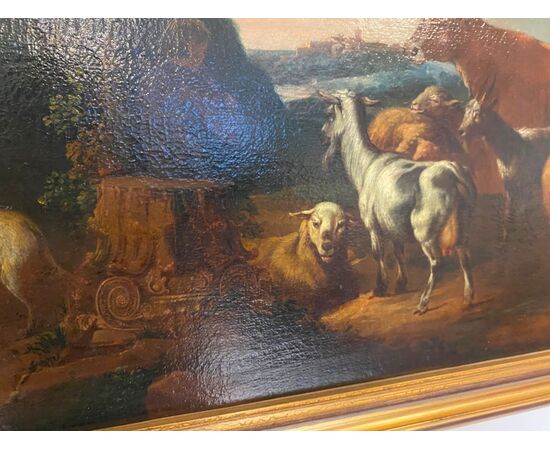 Olio su tela. Paesaggio con armenti fine XVII secolo 