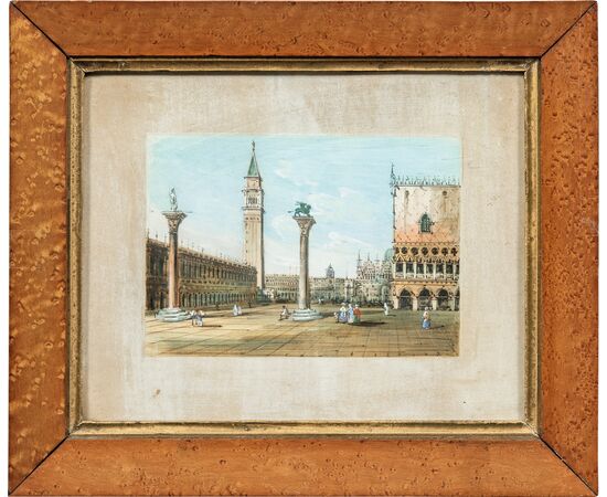 Carlo Grubacs (Perasto 1801 - Venezia 1870) - Venezia, coppia di vedute di Piazza S. Marco e della Piazzetta verso la Torre dell’Orologio. 