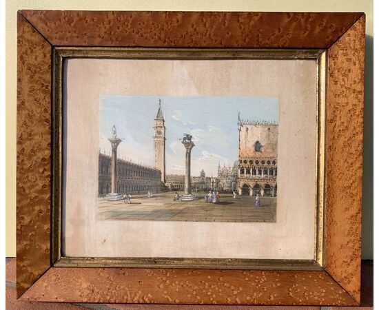 Carlo Grubacs (Perasto 1801 - Venezia 1870) - Venezia, coppia di vedute di Piazza S. Marco e della Piazzetta verso la Torre dell’Orologio. 