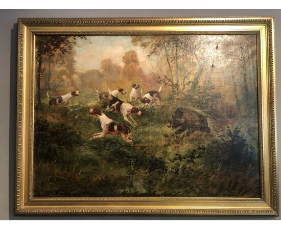 Dipinto "la caccia al cinghiale, Francia '800