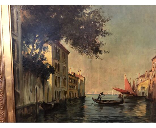 Veduta di Venezia, con  una gondola e una barca a vela sul canale
