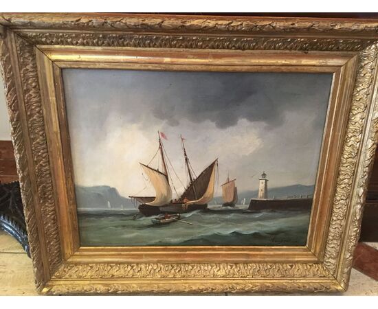 Veduta di uscita del porto con barche, olio su tela, Ottocento