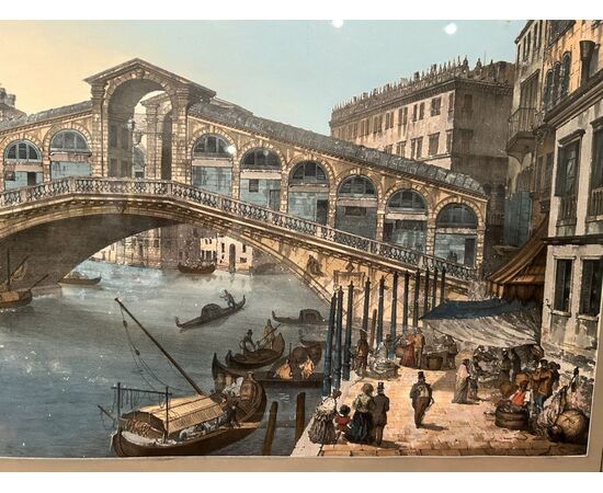 Aquarello/Guache "Ponte di Rialto" dell'Ottocento