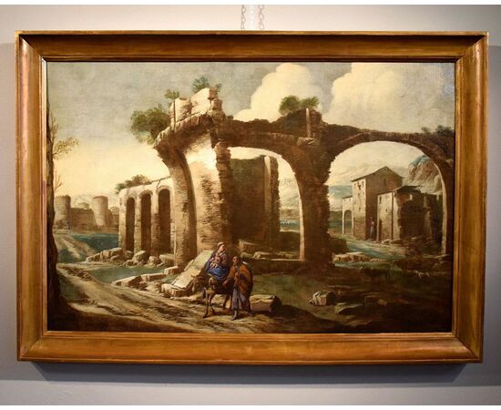 Paesaggio con rovine e scena biblica, Antonio Travi, detto il Sestri (Sestri Ponente 1608 - Genova 1665) cerchia