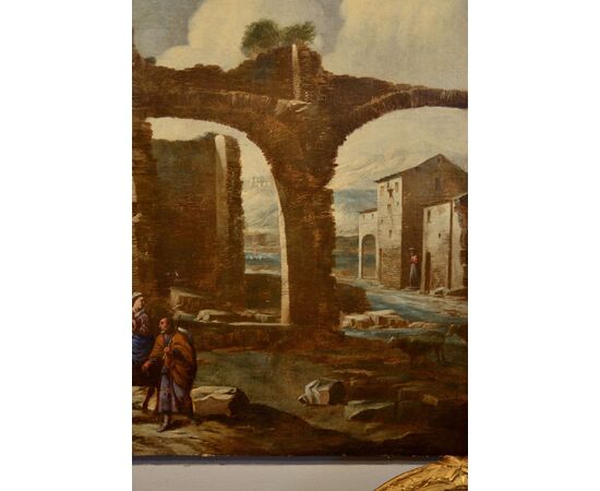 Paesaggio con rovine e scena biblica, Antonio Travi, detto il Sestri (Sestri Ponente 1608 - Genova 1665) cerchia