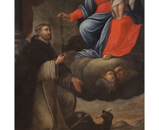 Great religious painting from the 17th century, Madonna and Child with Saint Dominic by Guzmán