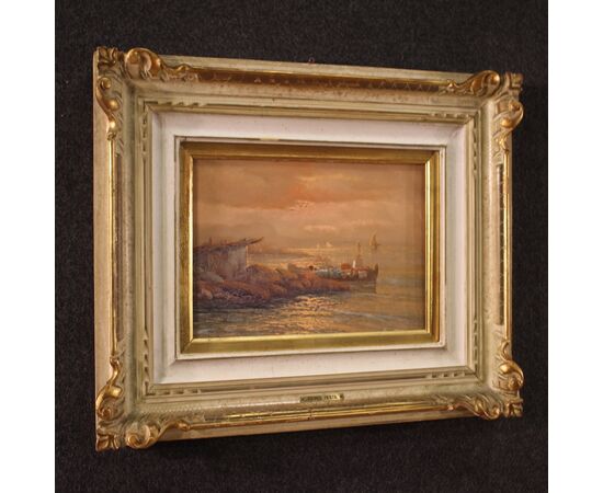 Seascape signed by Remo Testa, fishermen at sunset