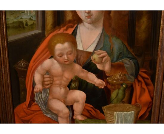 Madonna in trono con Bambino, Maestro del Pappagallo (Anversa, primi del XVI secolo), seguace