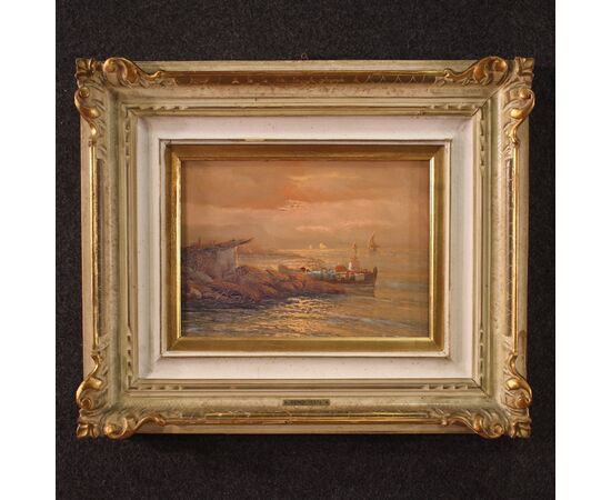 Seascape signed by Remo Testa, fishermen at sunset