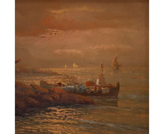 Quadro marina firmato Remo Testa, pescatori al tramonto