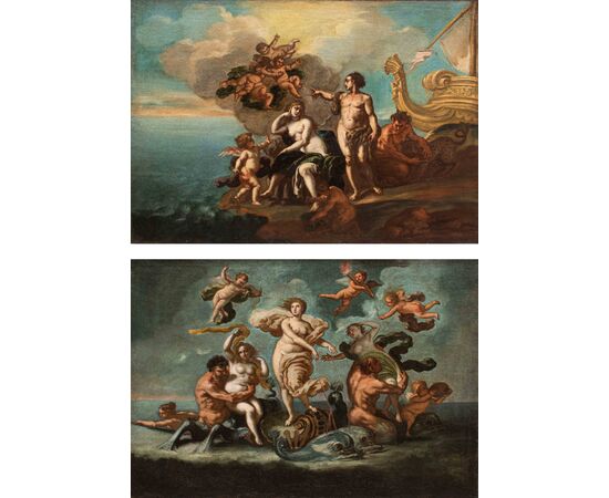 Scuola napoletana del XVII-XVIII secolo, coppia di scene mitologiche