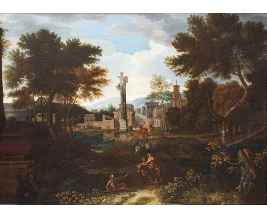 Pittore francese a Roma, XVII secolo,  Paesaggio con Fuga in Egitto
