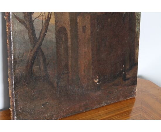 Antico dipinto olio su tela XVIII sec Paesaggio con ruderi . Mis 69 X47