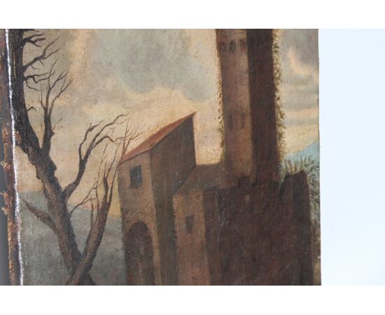 Antico dipinto olio su tela XVIII sec Paesaggio con ruderi . Mis 69 X47