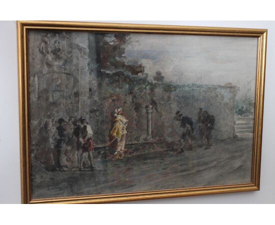 Antico Dipinto Acquarello Filippo Carcano (Milano 1840 – 1914 ) XIX sec mis 36 x 25 “ Plebe e nobiltà “