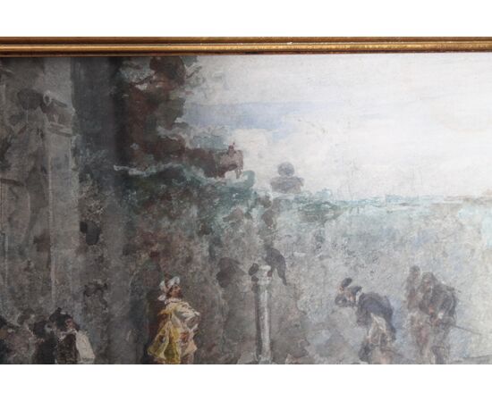 Antico Dipinto Acquarello Filippo Carcano (Milano 1840 – 1914 ) XIX sec mis 36 x 25 “ Plebe e nobiltà “