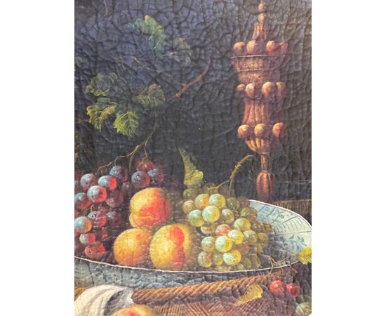Olio su tela natura morta con frutta e fiori . XIX secolo 