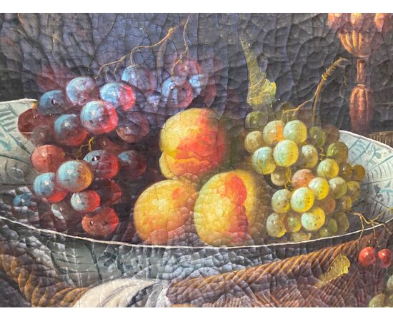 Olio su tela natura morta con frutta e fiori . XIX secolo 