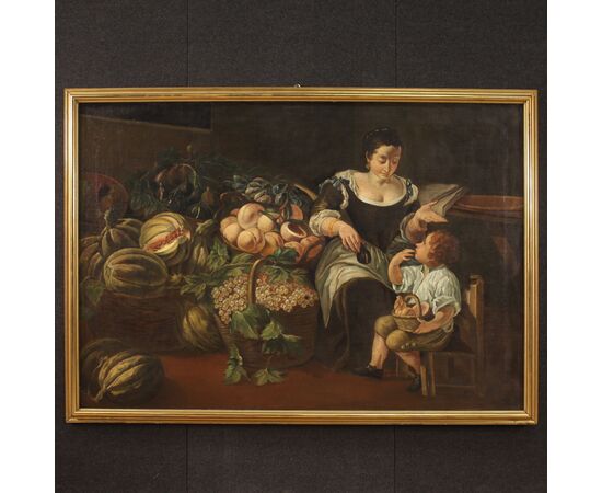 Great painting from the 18th century, genre scene with still life 